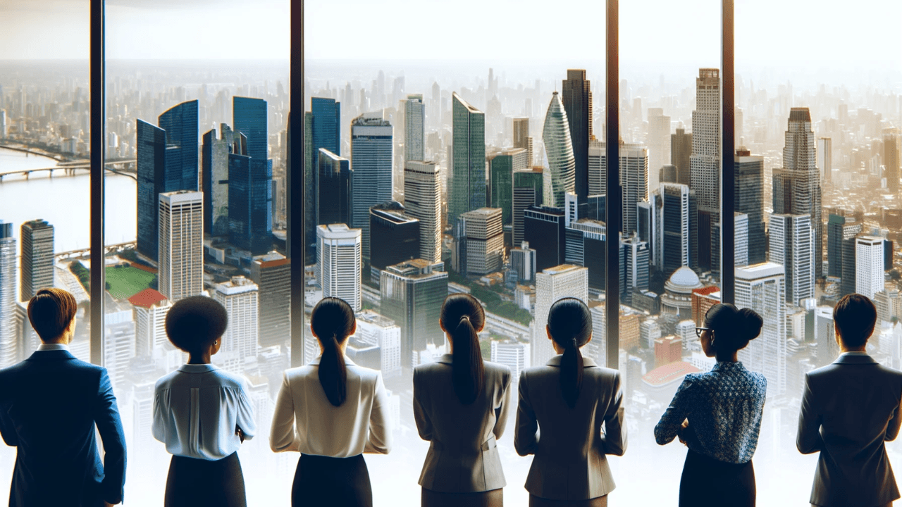 Group of women look out over a city from an office room AI generated